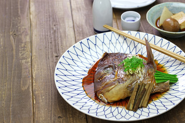 simmered sea bream head, tai no kabutoni, japanese cuisine