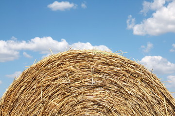 Round bale of straw and cloudy blue sky