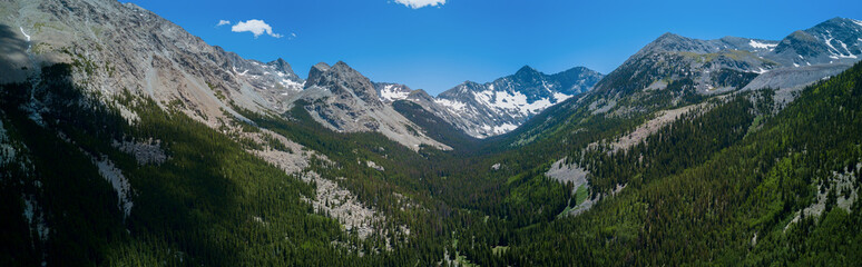 Fototapeta na wymiar Aerial/Drone panorama photograph of the Colorado Rocky Mountains. These rugged peaks are in the Sangre de Cristo range of Southern Colorado