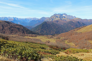 Panorama with yellow autumn hills and mountains. Abkhazia.
