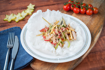 meat salad with chicken, Thai cuisine