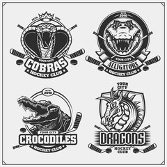 Obraz premium Hockey badges, labels and design elements. Sport club emblems with cobra, dragon and crocodile.