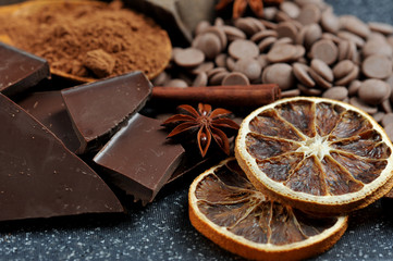 Various forms of chocolate. Dark piece, milk chocolate in galeta, tile, cocoa powder. Close-up. Macro shooting.