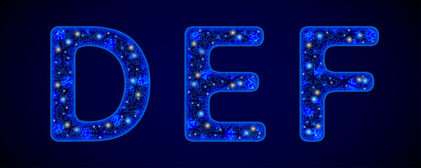 Snowy Font. Shiny letters on blue background. For festive inscriptions. DEF