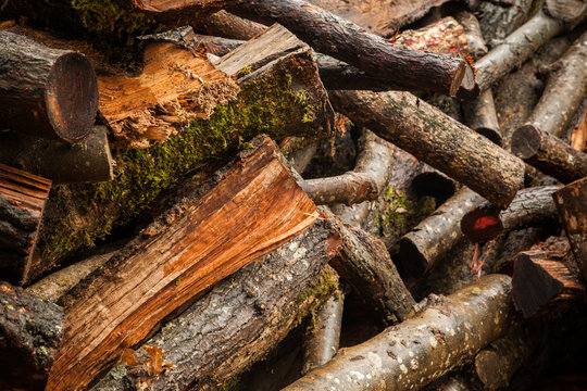 An abstract image of cut and stacked firewood.