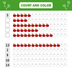 Math educational game for children. Counting equations. Addition worksheet - count and color