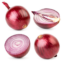 Set of red onions and halves on a white background, isolated.
