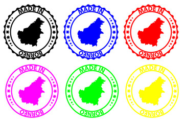 Made in Borneo - rubber stamp - vector, Borneo map pattern - black, blue, green, yellow, purple and red