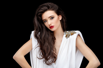 Brunette asian girl with long curly hair