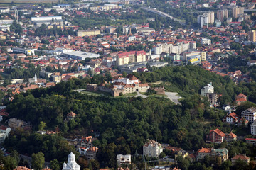 Aerial view of the Brasov Old town from Tampa Mount. Brasov, Transylvania, Romania.