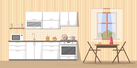 White kitchen interior background with furniture and stove, sink, cupboard, dishes - kettle, pan, bowl, microwave oven, utensil - cutting board, table and chairs near window. Modern flat style vector