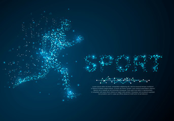 Running man illustration. low poly wireframe Vector polygonal image in the form of a starry sky or space, consisting of points, lines, and shapes in the form of stars with destruct shapes