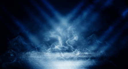 Background of empty dark room, street. Concrete floor, asphalt, neon light, smoke, spotlight