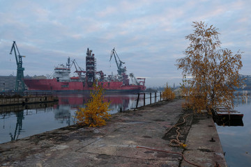 Polska, Gdańsk - opuszczone tereny stoczniowe, Szlak Stoczni Cesarskiej,  widok na dźwigi i statek © Iwona