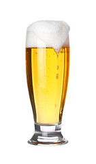 Close up one frothy beer glass isolated on white