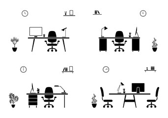 Office workspace interior black and white set. Conference room silhouette