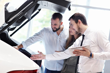 Confident young salesman explaining car features to the young attractive owners