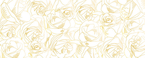Roses bud outlines. Vector pattern with contours of flowers in golden colors. Abstract art, hand-drawn romantic background. Vector illustration, eps10. Template for poster, banner, cover, leaflets.