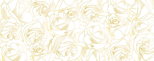 Rosenknospenumrisse. Vektormuster mit Konturen von Blumen in goldenen Farben. Abstrakte Kunst, handgezeichneter romantischer Hintergrund. Vektorillustration, eps10. Vorlage für Poster, Banner, Cover, Broschüren. © eriksvoboda