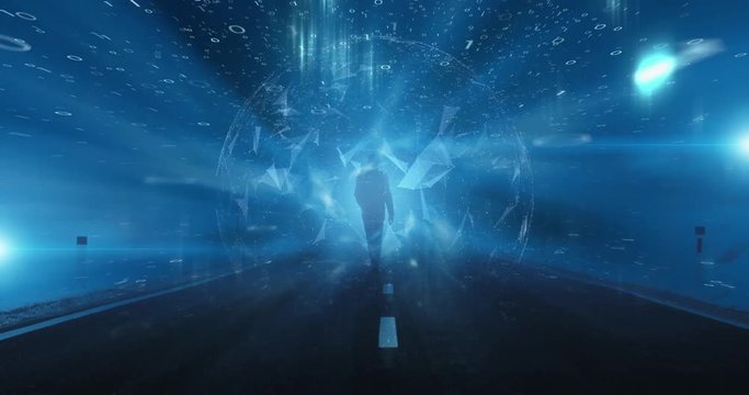 Artistic walking on digital cyberspace road. Futuristic artificial intelligence background.