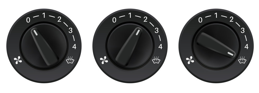 Car dashboard knob switches. Auto air conditioners. Air flow level selectors