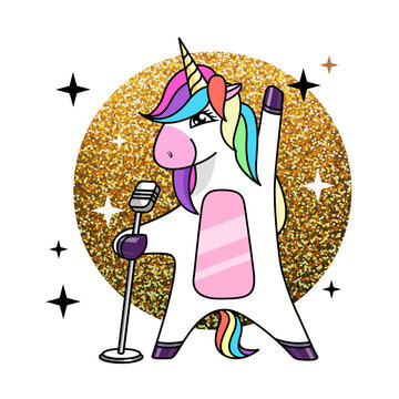 Fototapeta Vector illustration of fantasy animal horse unicorn singing in microphone . Flat style design