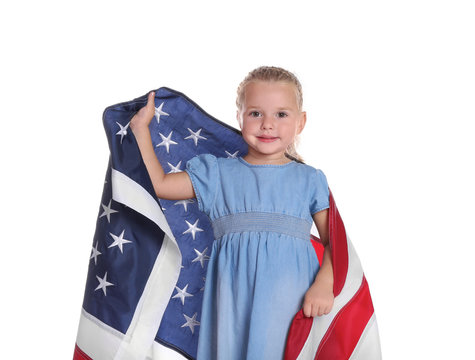 Little girl with American flag on white background