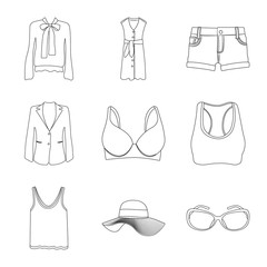 Vector illustration of woman and clothing sign. Set of woman and wear stock vector illustration.