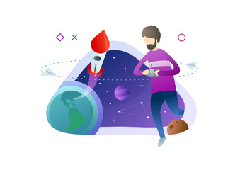 Young hipster control rocket launching in internet space via control panel. Startup project template.  Modern style vector illustration for landing page, website, banners and presentation.