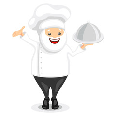 Cute chef character. Funny cook in white hat holding restaurant cloche. Vector illustration in cartoon style.