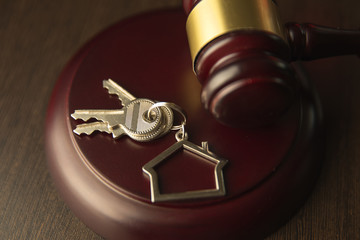 Gavel wooden and house for home buying or selling of bidding or lawyer of home real estate and...