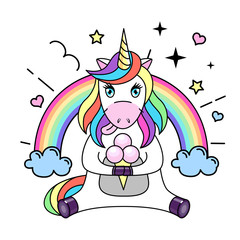 Naklejka premium Vector illustration of fantasy animal horse unicorn with ice cream. Flat style design