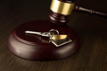 Gavel wooden and house for home buying or selling of bidding or lawyer of home real estate and...
