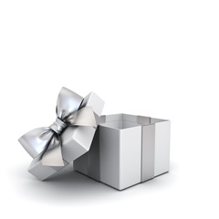 Open gift box or blank present box with silver ribbon and bow isolated on white background with shadow 3D rendering