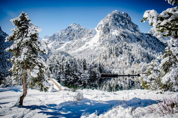 Snow season. Mountain with snow, winter landscape.