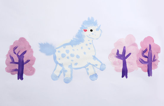Colorful children painting of beautiful unicorn on white background