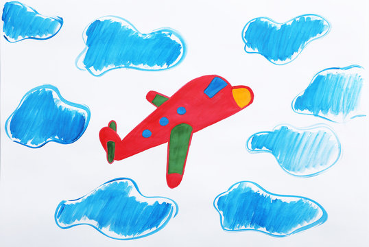 Colorful children painting of red airplane on white background