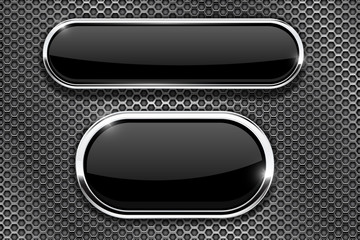 Black glass buttons with chrome frame. On metal perforated texture