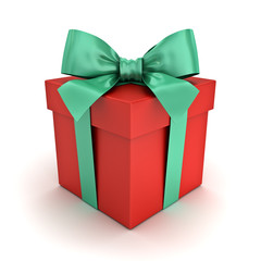 Red gift box or Christmas present box with green ribbon and bow isolated on white background 3D rendering