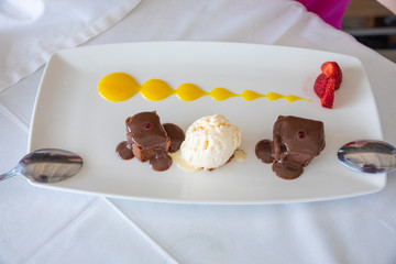 aerial view of dessert with chocolate and vanilla ice cream