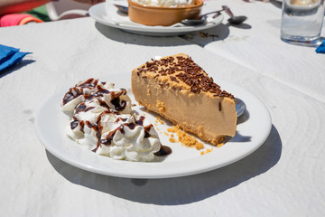 side view of piece of chocolate cake and cream on white dish