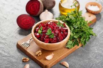 Healthy vegan beetroot salad with walnuts.