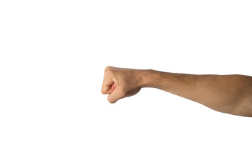 Male hand clenched into a fist on a white background. Kick. Side shot