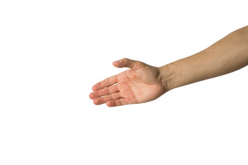 Outstretched male hand with open palm on white background. Side picture. Handshake gesture, deal, greetings