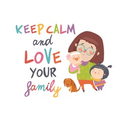 Cartoon young mother with her cute children