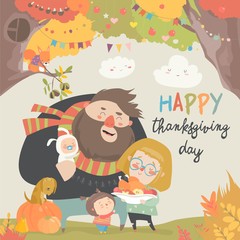 Vector illustration of a cartoon happy family celebrating Thanksgiving Day