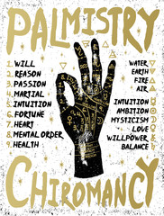 Palmistry, chiromancy - black hand on a white textured background.
