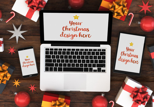 Mobile Devices and Laptop on Table with Gifts Mockup