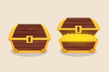 Set of icons with cartoon closed and opened wooden pirate chests with golden coins and keyhole. Antique old Treasure chest.
