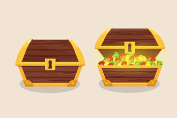 Set of icons with cartoon closed and opened wooden pirate chests with diamonds and keyhole. Antique old Treasure chest.